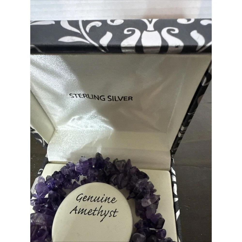 Bracelet Genuine Polished Amethyst Stretch Sterling Christian Cross Charm NWT